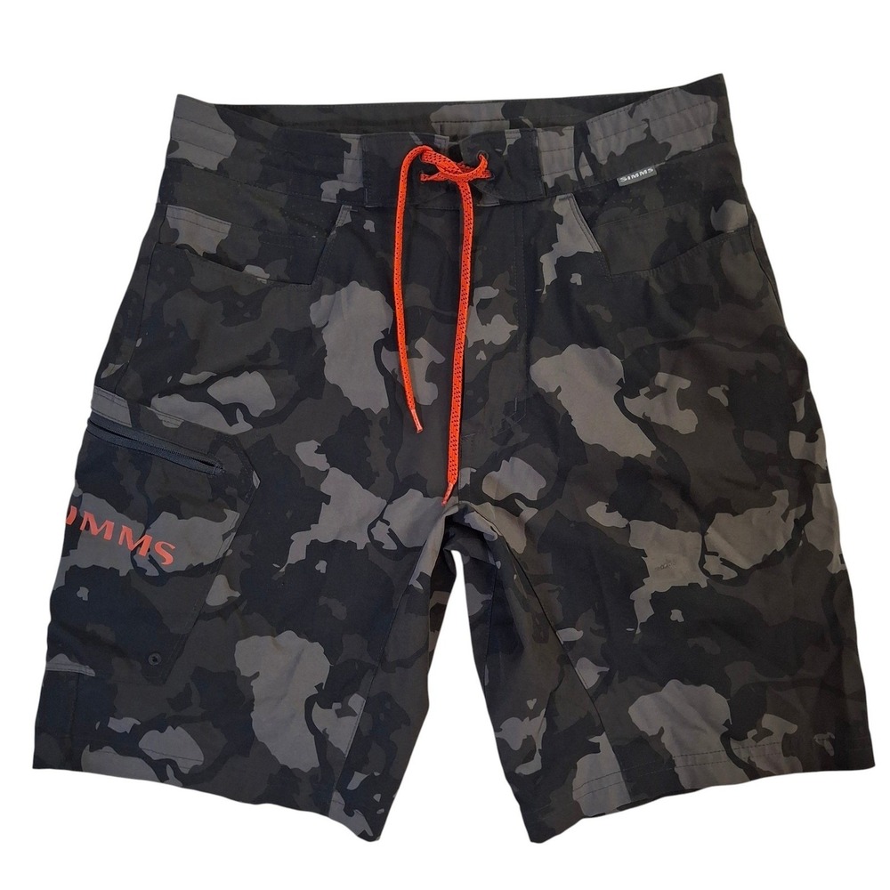 Simms Camo Board Shorts Mens 30 Gray Black Camouflage Cargo Stretch Fishing